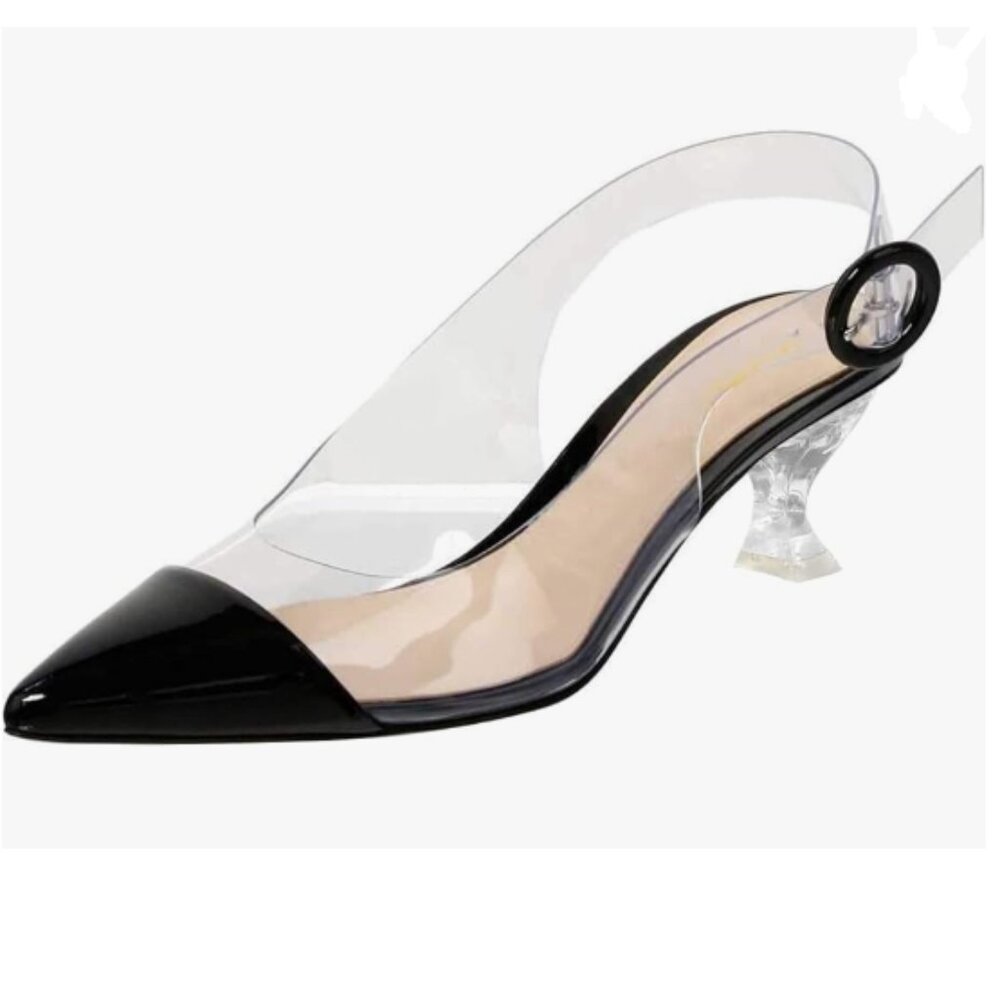 XYD Black Transparent Slingback Clear Low Heels Pumps Pointed Toe PVC Sandals